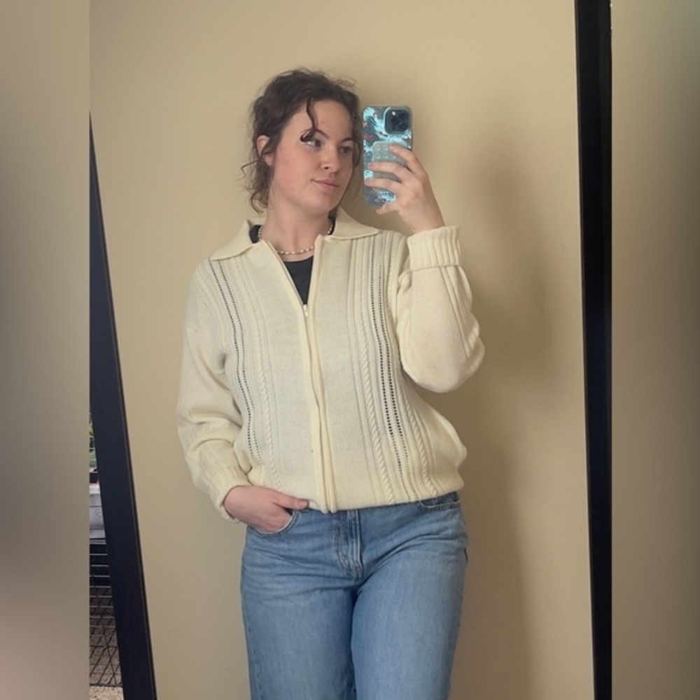 Cream Knit Zip Sweater